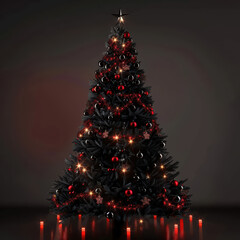 Fototapeta premium beautifully decorated Christmas tree with red and black ornaments, glowing lights, and candles, creating warm festive atmosphere