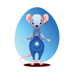 Mouse character - tooth fairy, in blue overalls with a pocket for baby milk teeth
