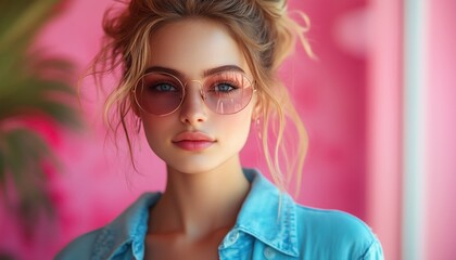 Fototapeta premium Portrait of young woman in stylish blue outfit on pink background
