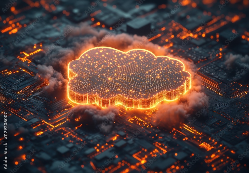 Poster glowing cloud with circuit patterns above a background of digital technology, representing data stor