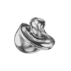 Shiny silver curvy 3d shape of liquid metal chrome, with grainy grain noise texture, PNG transparent background, abstract futuristic design, modern chrome art.