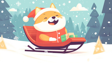 Naklejka premium Cute shiba dog with santa clothes riding red sleigh in snow, flat illustration style