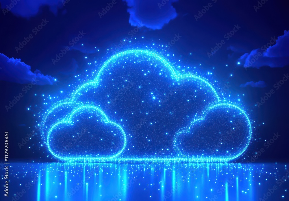 Aufkleber glowing digital cloud with sparkling particles and dreamy blue background, perfect for representing 