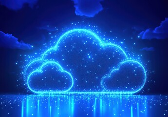 Obraz premium Glowing Digital Cloud with Sparkling Particles and Dreamy Blue Background, Perfect for Representing Data Storage, Technology, and Cloud Computing Concepts
