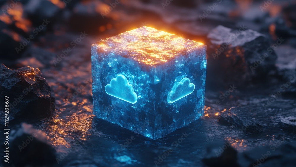 Aufkleber glowing ice cube with cloud symbols illuminated on a rocky surface, representing data storage, techn