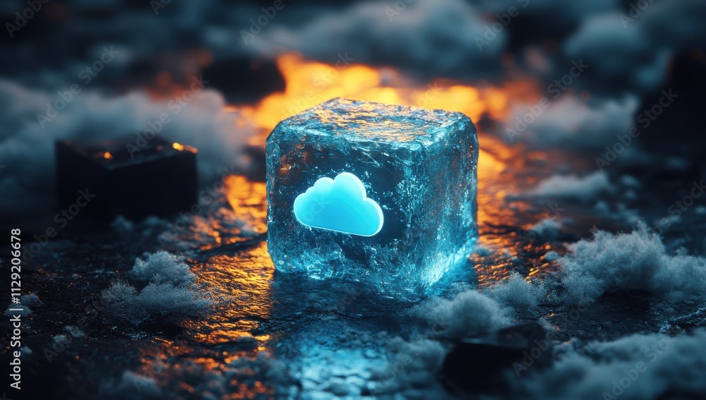 Poster glowing ice cube with cloud emblem on snowy surface, symbolizing data storage, technology and digita