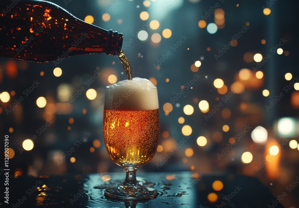 Poster golden beer pouring into a glass with bubbles and foam on an evening with abstract lights in backgro