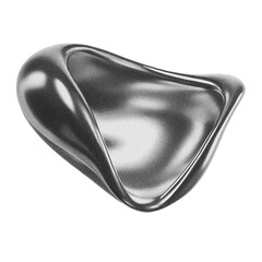 Shiny silver curvy 3d shape of liquid metal chrome, with grainy grain noise texture, PNG transparent background, abstract futuristic design, modern chrome art.