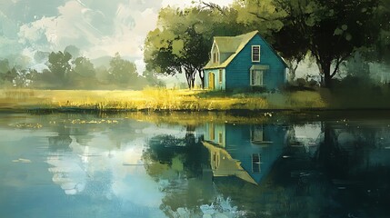 Lakeside Cottage Peaceful Tranquil Summer Scene