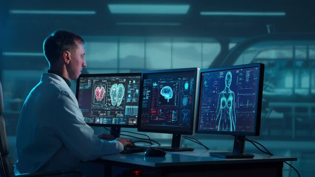Doctor working at futuristic office, multiple monitors displaying medical images, data and body scans.