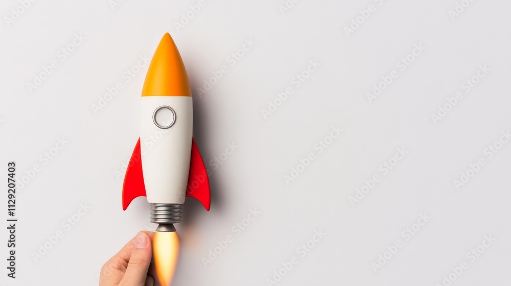 Aufkleber igniting innovation: a hand gently ignites the bulb of a rocket-shaped lightbulb, symbolizing the la