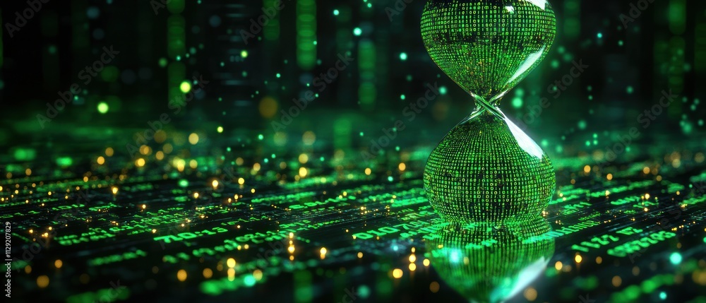 Poster digital hourglass reflecting binary data, symbolizing time and technology's impact on our lives.