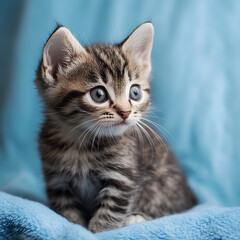 Cute Little Kitten on Blue Background