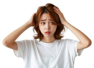 PNG Worried woman holding head