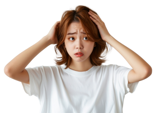 PNG Worried woman holding head