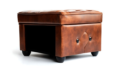 A brown leather ottoman with a black base