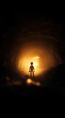 Fototapeta premium A figure stands in a dark tunnel, illuminated by a warm glow, creating a mysterious and adventurous atmosphere.