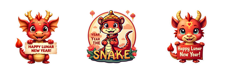 Fototapeta premium Adorable Chinese Zodiac Animals 2025 Lunar New Year Celebration Stickers Dragon Snake