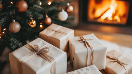 Christmas present boxes decorate a festive holiday