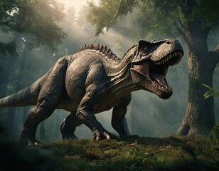 Fototapeta premium Dinosaur Roams in a Misty Forest Environment During Early Morning