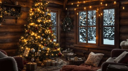 A cozy winter scene with beautifully decorated Christmas trees, surrounded by gifts and soft lighting, creating a warm festive atmosphere