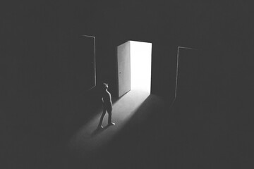 illustration of man walking toward an open door, choice concept