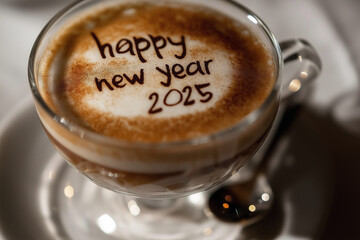cappuccino in a glass with the words happy new year 2025

