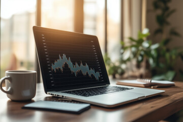 laptop with graphs or charts moving upward on office desk with cup of coffee