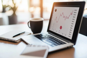 laptop with graphs or charts moving upward on office desk with cup of coffee