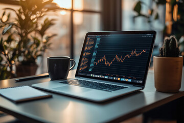 laptop with graphs or charts moving upward on office desk with cup of coffee