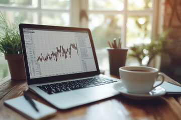 laptop with graphs or charts moving upward on office desk with cup of coffee