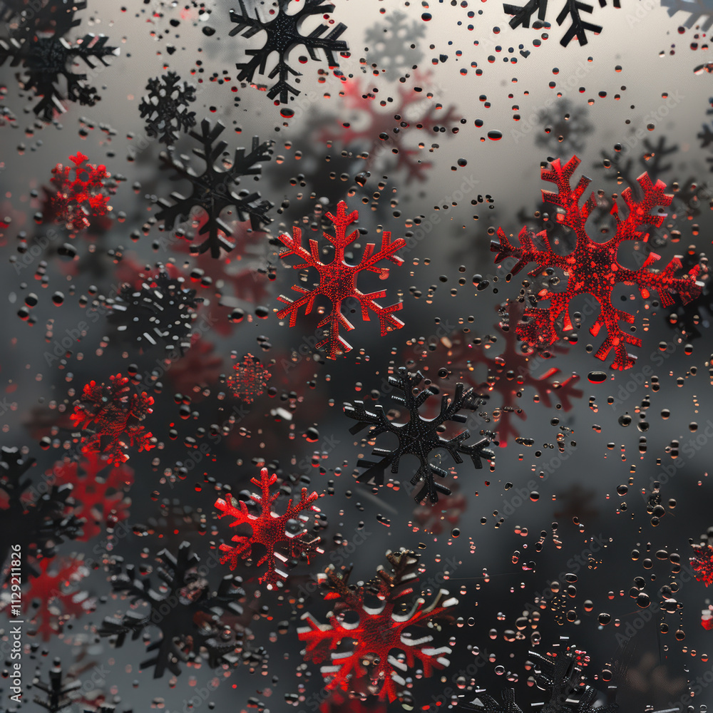 Poster red and black snowflakes on frosty window create striking winter scene, with droplets adding touch o