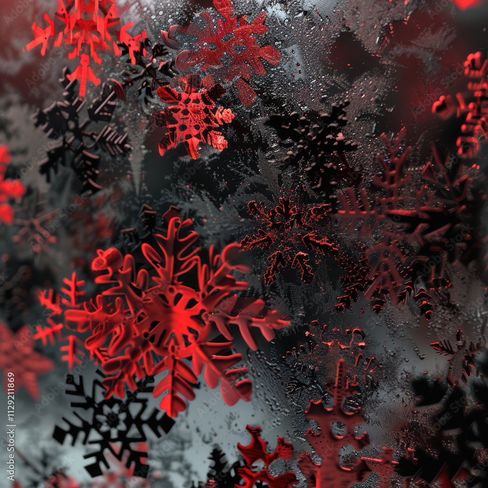 Poster red and black snowflakes create frosty window effect, showcasing intricate designs and moisture drop
