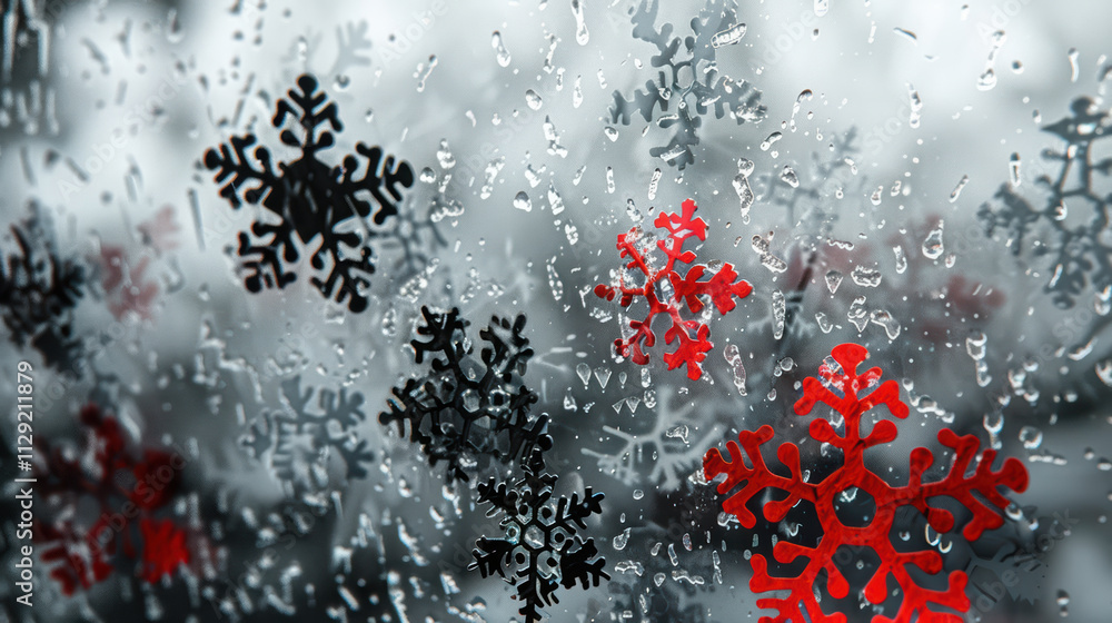 Poster frosty window adorned with red and black snowflakes, creating festive atmosphere. raindrops add touc
