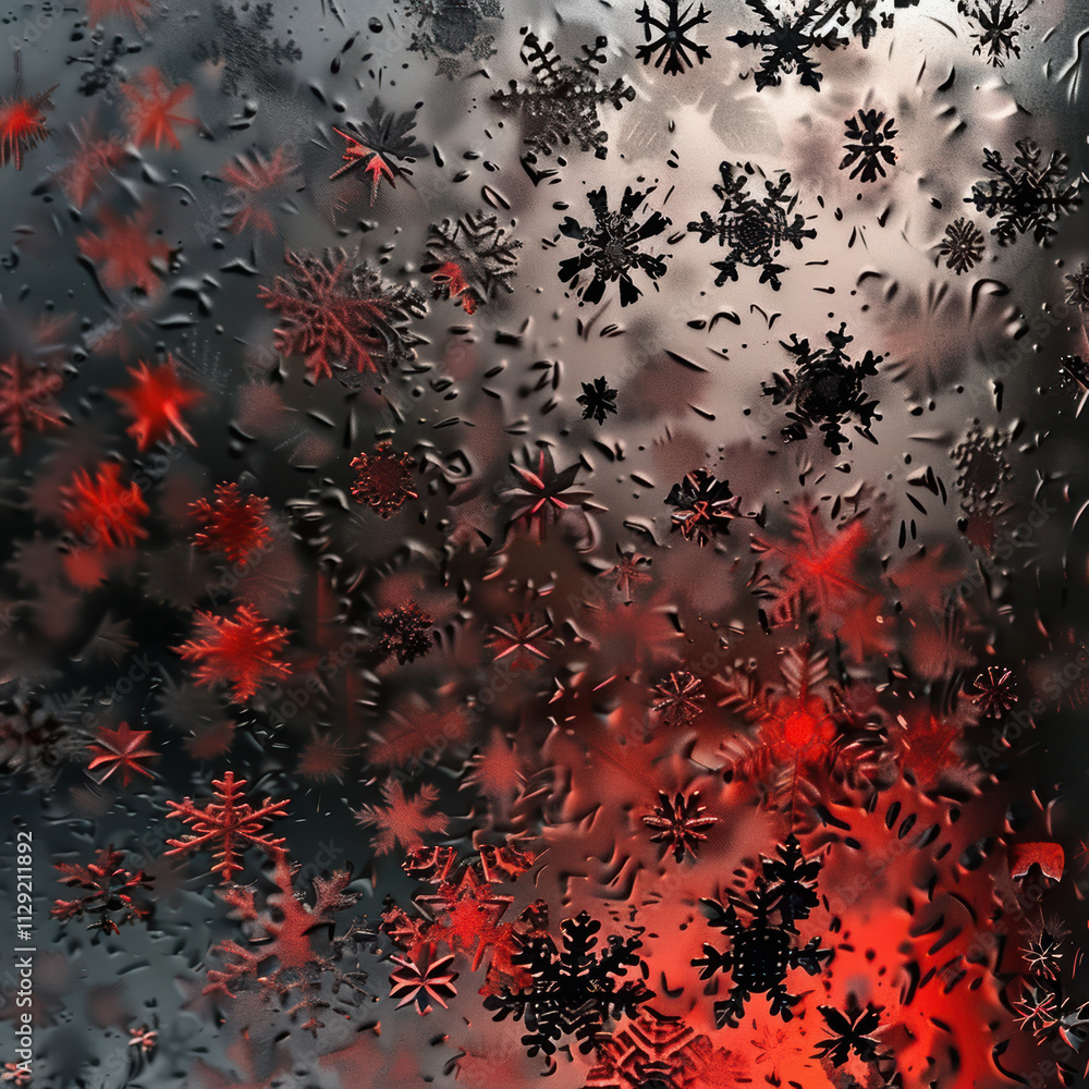 Poster frosty window with red and black snowflakes creating wintery atmosphere. intricate patterns evoke se