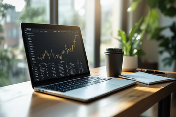 laptop with graphs or charts moving upward on office desk with cup of coffee