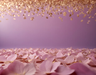 Fototapeta premium Beautiful Scene of Flowering Petals and Golden Leaves on a Soft Purple Background