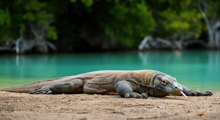 Obraz premium Komodo dragon by turquoise water in tropical wildlife habitat