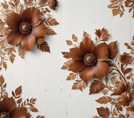 Close-up of wood inlay pattern of brown flowers on white wooden surface, wooden, wood, surface