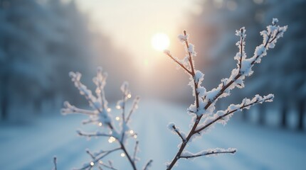 Obraz premium Winter Wonderland: Snow Covered Branches at Sunrise in a Frosty Forest