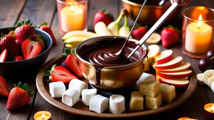 Melting Bliss: Decadent Chocolate Fondue with Fresh Fruit and Marshmallows