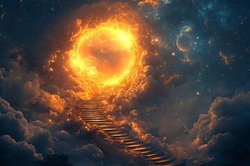 A celestial scene featuring a glowing orb and stairs leading into a cosmic landscape.