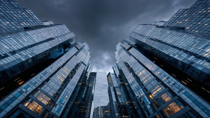Modern skyscrapers reaching for dramatic cloudy sky