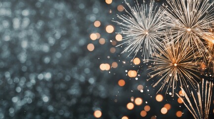 Fototapeta premium Festive new year's background featuring fireworks and bokeh lights, evoking a celebratory atmosphere against a dark backdrop