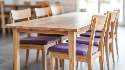 Exquisite bamboo furniture craftsmanship for interior elegance. A stylish wooden dining table with six matching chairs featuring purple cushions, set in a modern interior space.