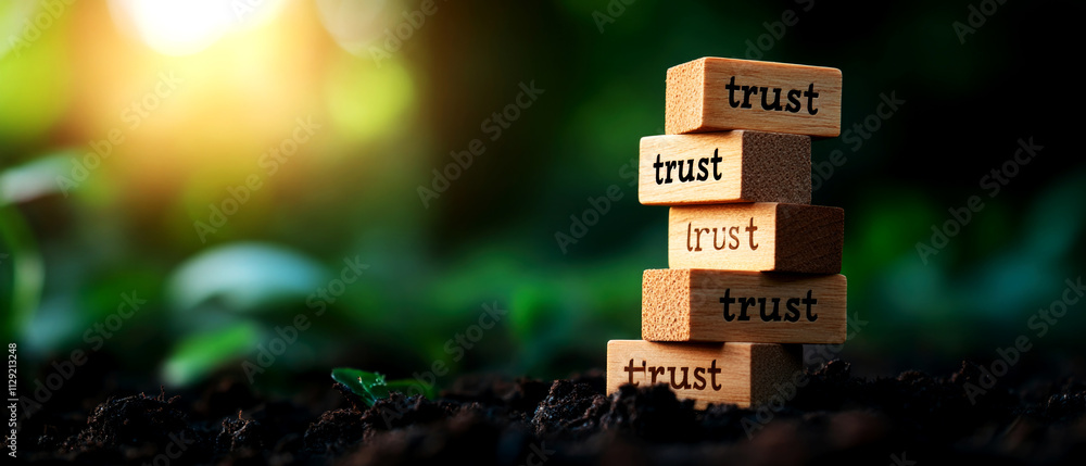 Poster building trust with wooden blocks a nature-inspired symbol of confidence and stability in a tranquil