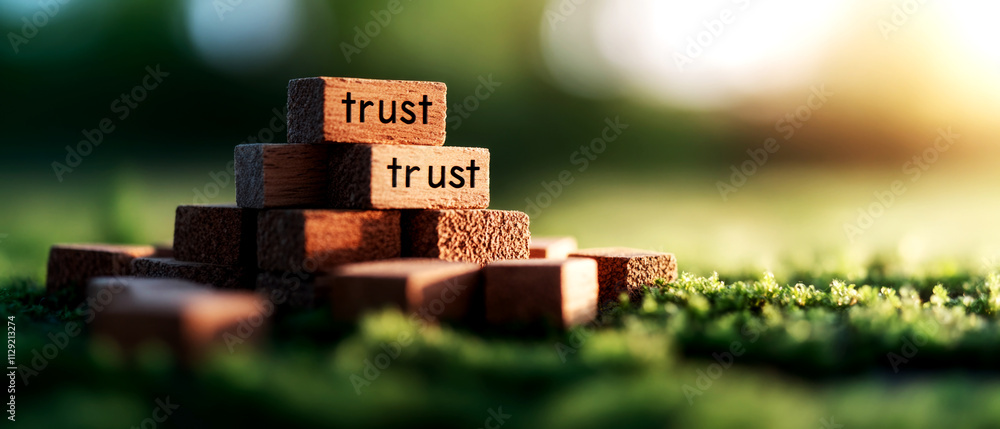 Poster building trust with wooden blocks a symbolic representation of confidence and stability in nature cl