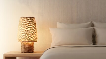 Exquisite bamboo furniture craftsmanship for interior elegance. A cozy bedroom scene featuring a woven lamp on a wooden bedside table, with soft pillows against a textured wall.