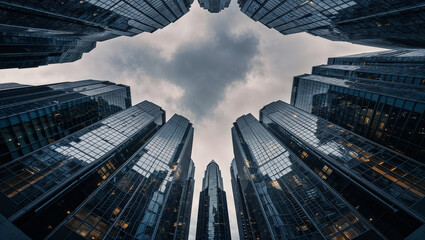 Modern skyscrapers reaching for cloudy sky in business district