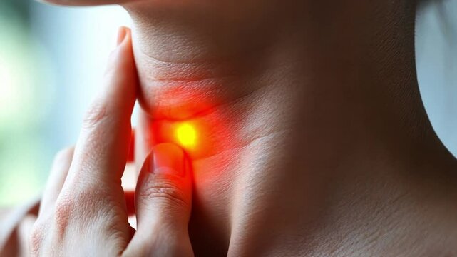 A person touching their neck in discomfort, indicating symptoms of a swollen thyroid gland.